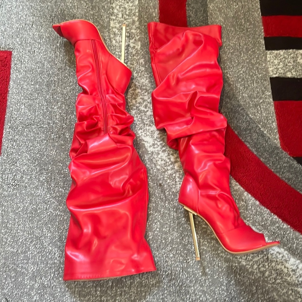 Brand New red knee-high open, toe boot